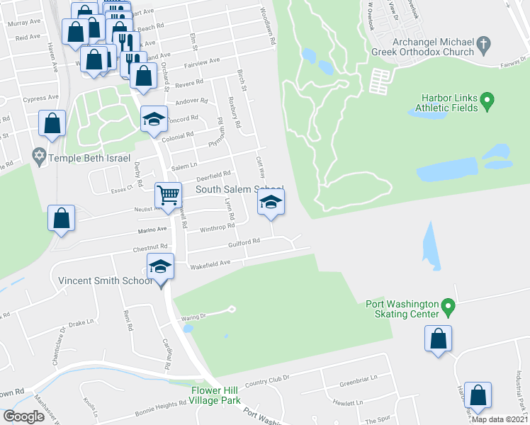 map of restaurants, bars, coffee shops, grocery stores, and more near 10 Newbury Road in Port Washington