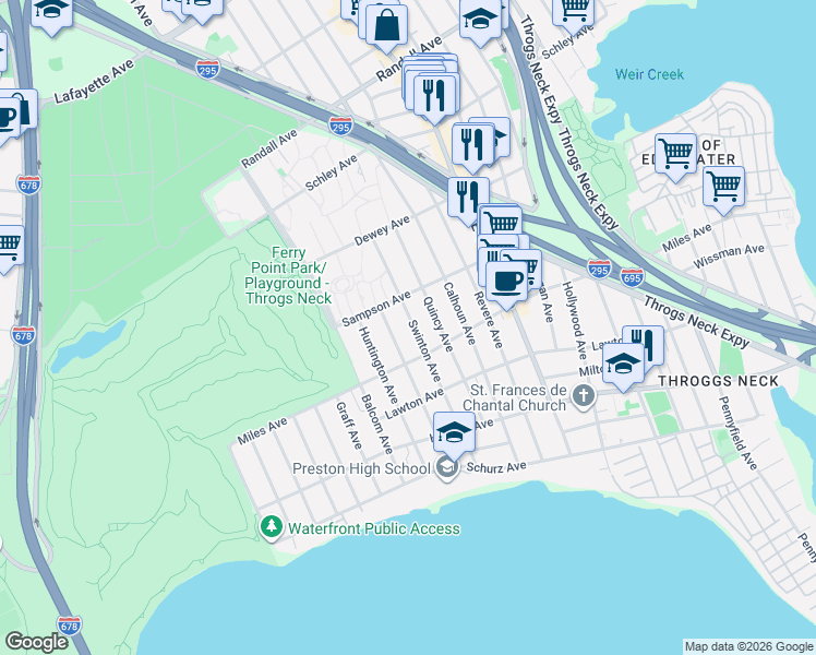 map of restaurants, bars, coffee shops, grocery stores, and more near 317 Swinton Avenue in The Bronx