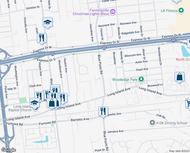 map of restaurants, bars, coffee shops, grocery stores, and more near 39 Woodhull Lane in Holtsville