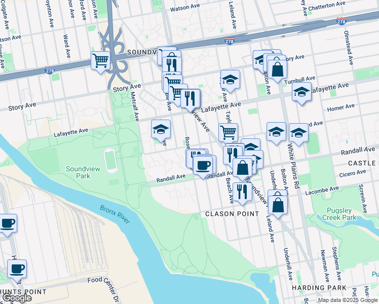 map of restaurants, bars, coffee shops, grocery stores, and more near 646 Rosedale Avenue in Bronx