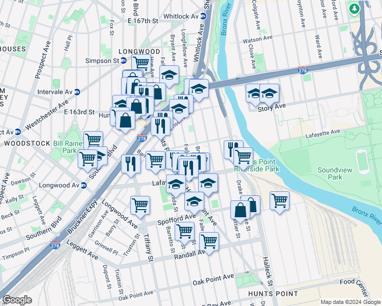 map of restaurants, bars, coffee shops, grocery stores, and more near 836 Faile Street in Bronx