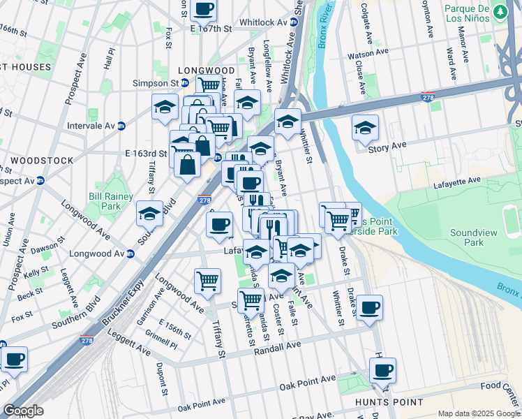 map of restaurants, bars, coffee shops, grocery stores, and more near 850 Hunts Point Avenue in Bronx