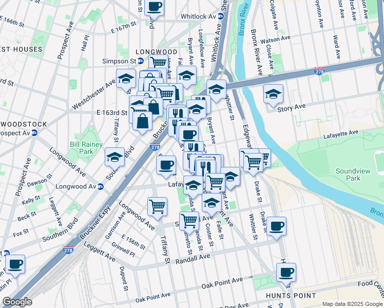 map of restaurants, bars, coffee shops, grocery stores, and more near 850 Hunts Point Avenue in Bronx