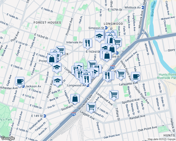 map of restaurants, bars, coffee shops, grocery stores, and more near 855 Fox Street in Bronx