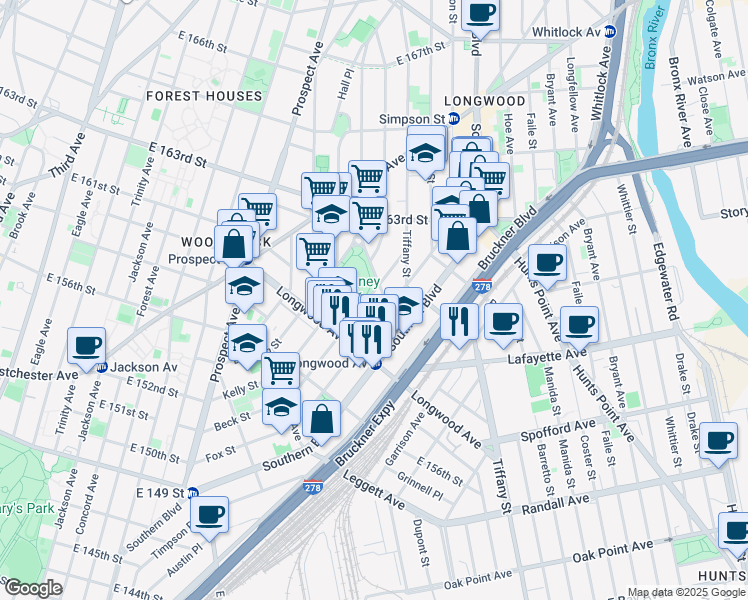 map of restaurants, bars, coffee shops, grocery stores, and more near 855 Fox Street in Bronx