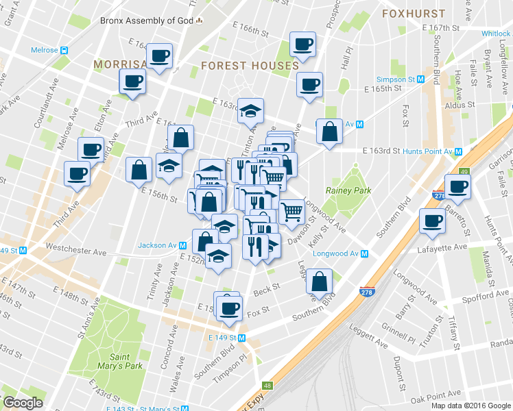 map of restaurants, bars, coffee shops, grocery stores, and more near in The Bronx