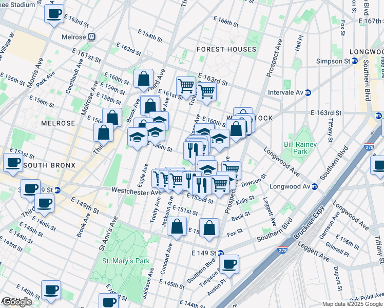 map of restaurants, bars, coffee shops, grocery stores, and more near in The Bronx