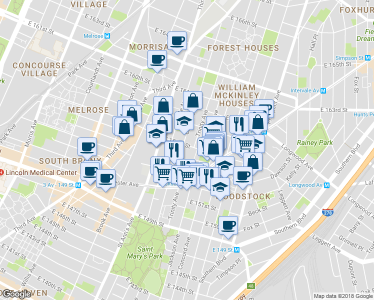 map of restaurants, bars, coffee shops, grocery stores, and more near 700 East 156th Street in Bronx
