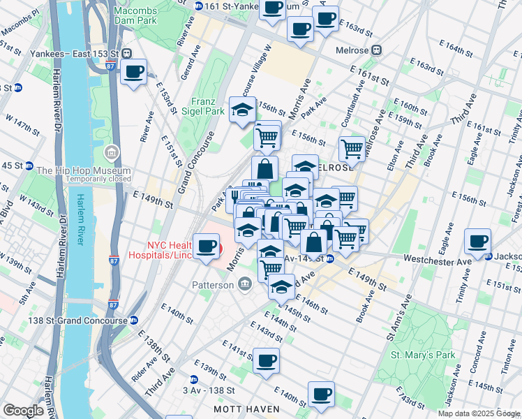 map of restaurants, bars, coffee shops, grocery stores, and more near 272 East 151st Street in Bronx