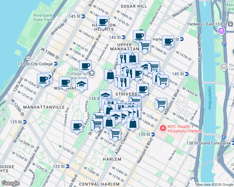 map of restaurants, bars, coffee shops, grocery stores, and more near 312 West 138th Street in New York