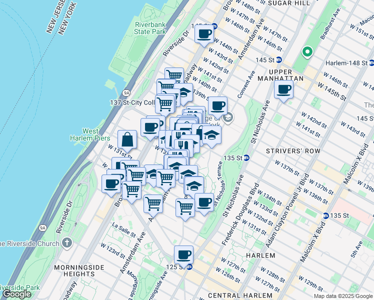 map of restaurants, bars, coffee shops, grocery stores, and more near 1490 Amsterdam Avenue in New York
