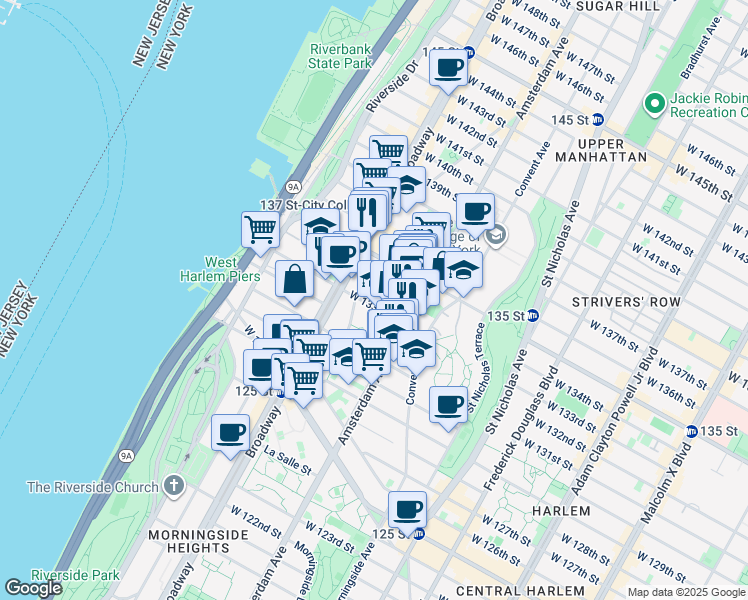map of restaurants, bars, coffee shops, grocery stores, and more near 529 West 133rd Street in New York