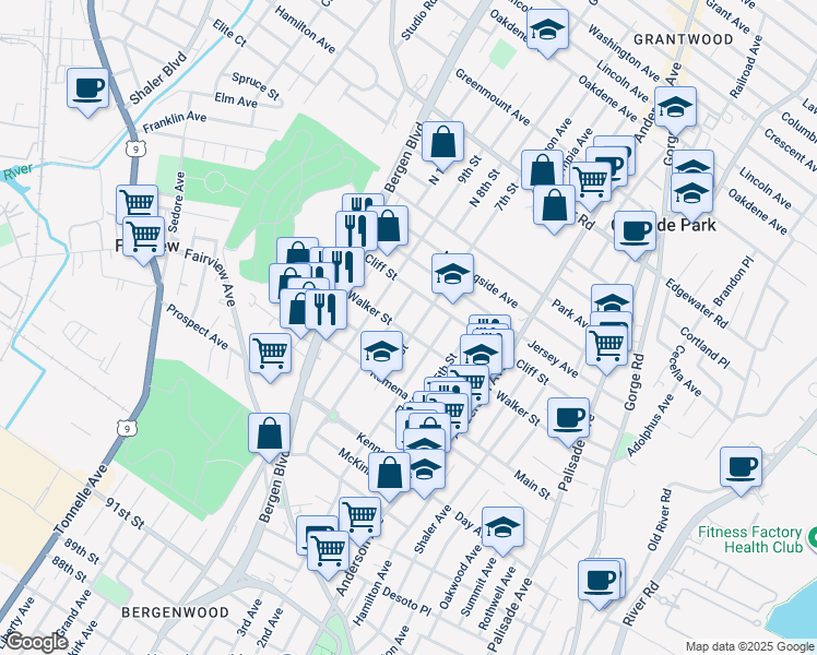 map of restaurants, bars, coffee shops, grocery stores, and more near 430 Walker Street in Fairview