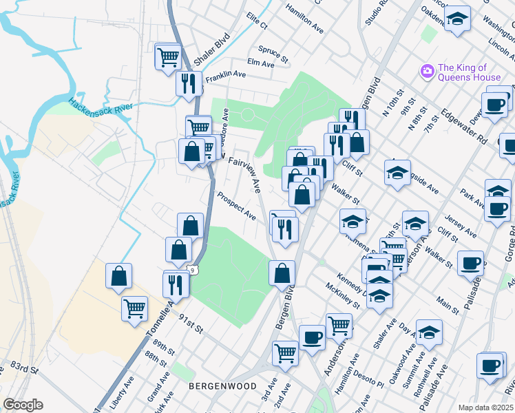 map of restaurants, bars, coffee shops, grocery stores, and more near 636 Prospect Avenue in Fairview