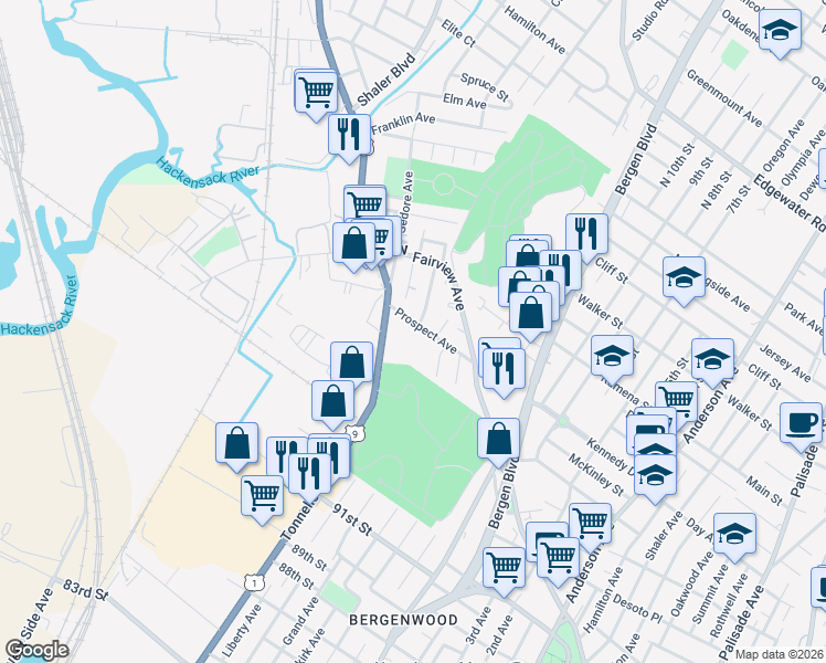 map of restaurants, bars, coffee shops, grocery stores, and more near 130 Broad Avenue in Fairview