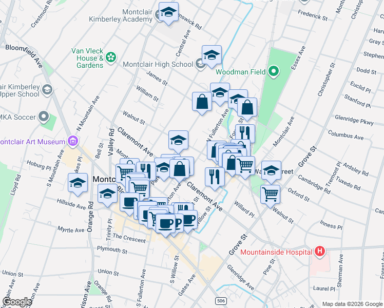 map of restaurants, bars, coffee shops, grocery stores, and more near 85 North Fullerton Avenue in Montclair