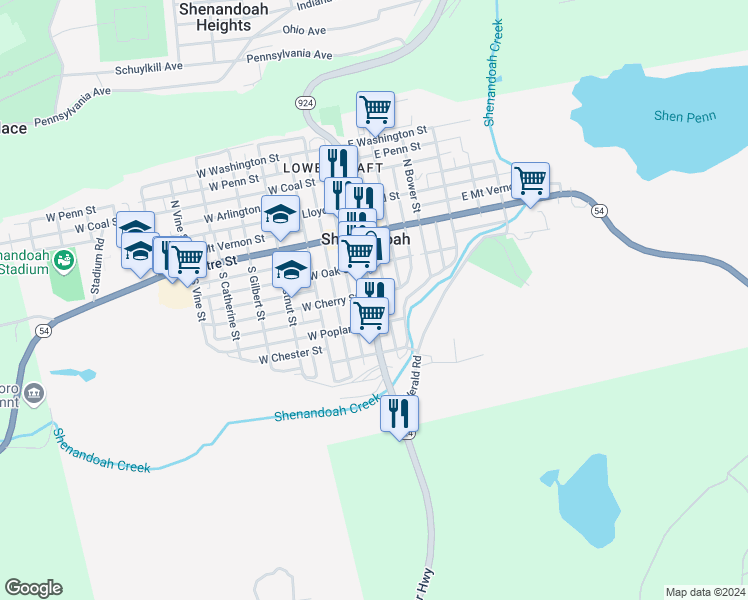 map of restaurants, bars, coffee shops, grocery stores, and more near 221 South Main Street in Shenandoah