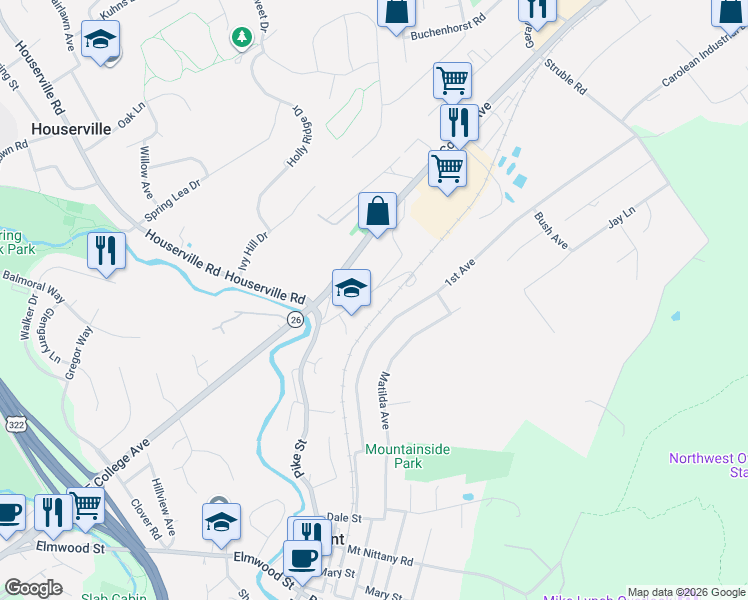 map of restaurants, bars, coffee shops, grocery stores, and more near 266-458 1st Ave in State College