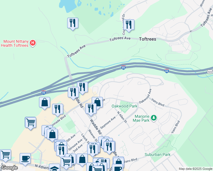 map of restaurants, bars, coffee shops, grocery stores, and more near 917 Oakwood Avenue in State College
