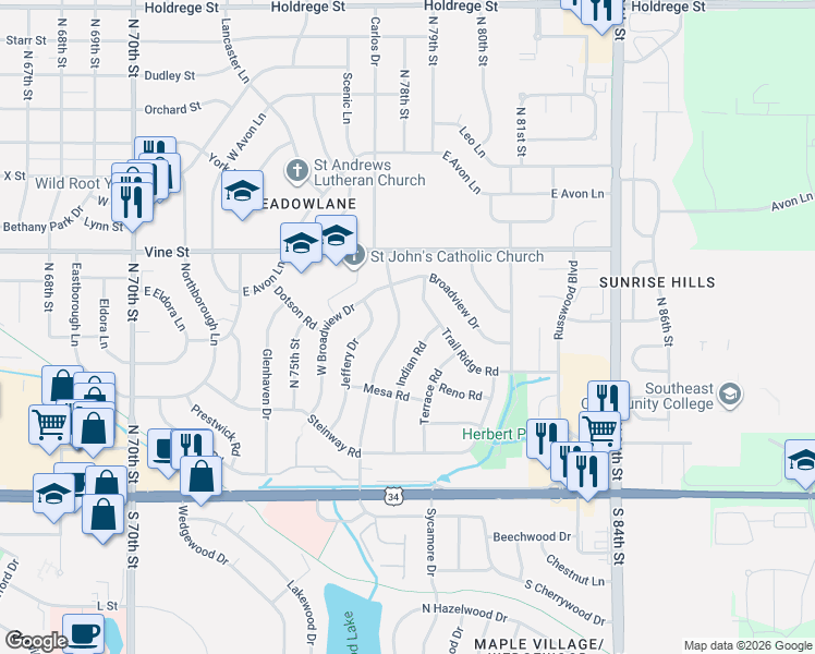 map of restaurants, bars, coffee shops, grocery stores, and more near 532 Indian Road in Lincoln