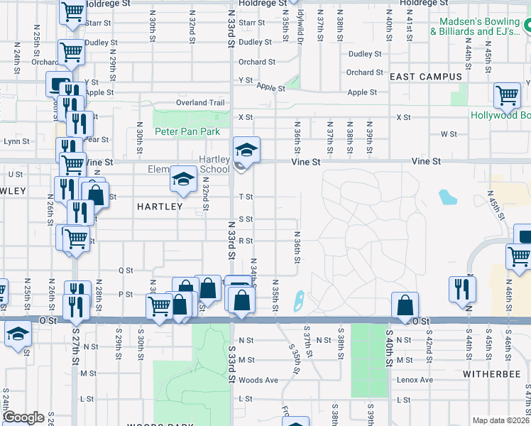 map of restaurants, bars, coffee shops, grocery stores, and more near 3445 S Street in Lincoln