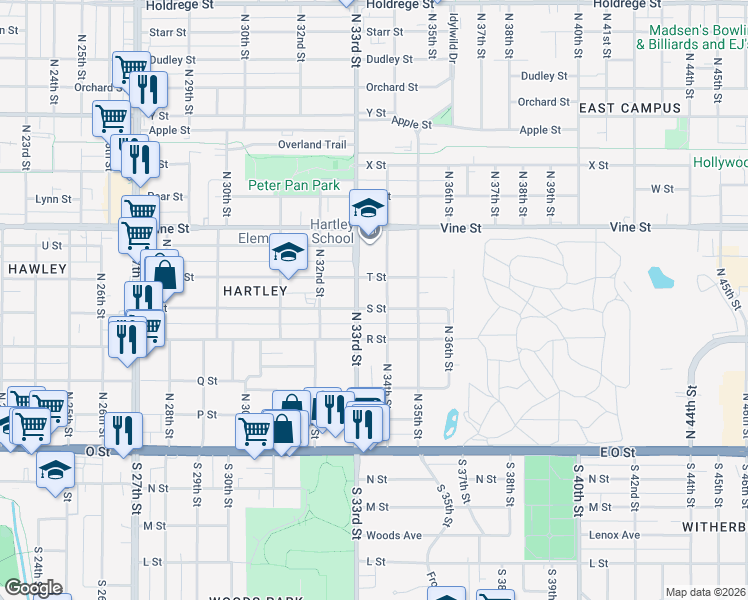 map of restaurants, bars, coffee shops, grocery stores, and more near 3327 S Street in Lincoln