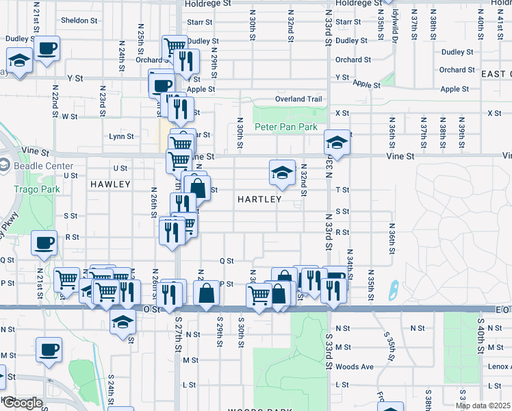 map of restaurants, bars, coffee shops, grocery stores, and more near 3025 S Street in Lincoln