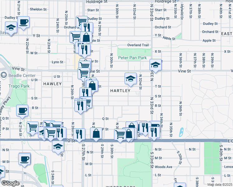 map of restaurants, bars, coffee shops, grocery stores, and more near 3025 S Street in Lincoln