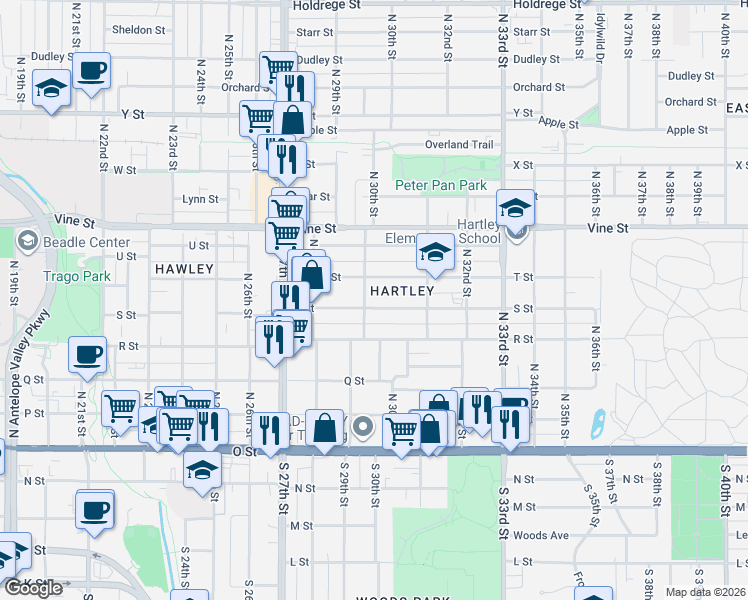 map of restaurants, bars, coffee shops, grocery stores, and more near 3025 S Street in Lincoln
