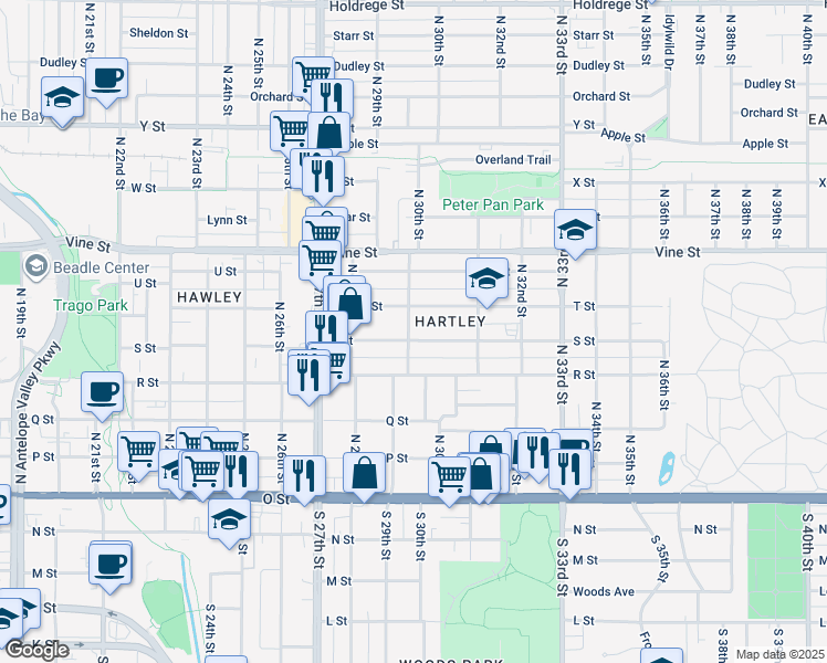 map of restaurants, bars, coffee shops, grocery stores, and more near 3025 S Street in Lincoln