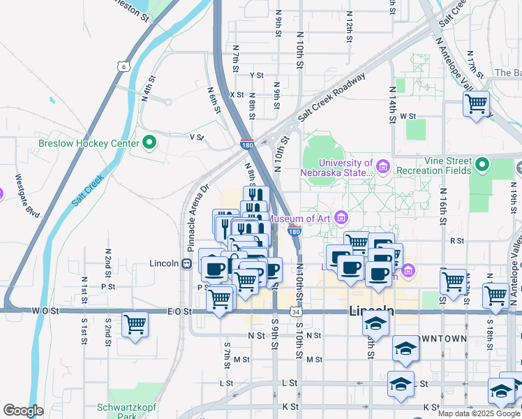 map of restaurants, bars, coffee shops, grocery stores, and more near 821 S Street in Lincoln