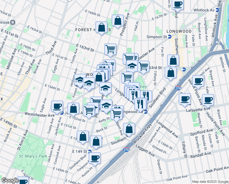 map of restaurants, bars, coffee shops, grocery stores, and more near 776 Hewitt Place in Bronx