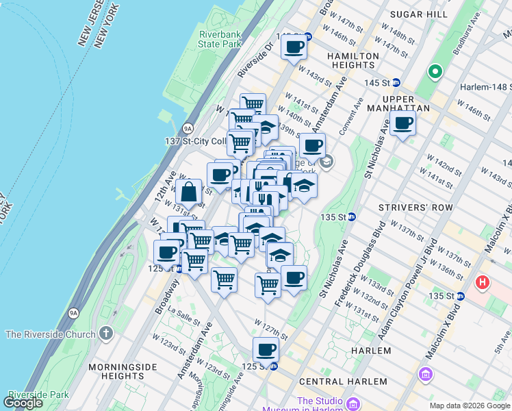 map of restaurants, bars, coffee shops, grocery stores, and more near 508 West 134th Street in New York
