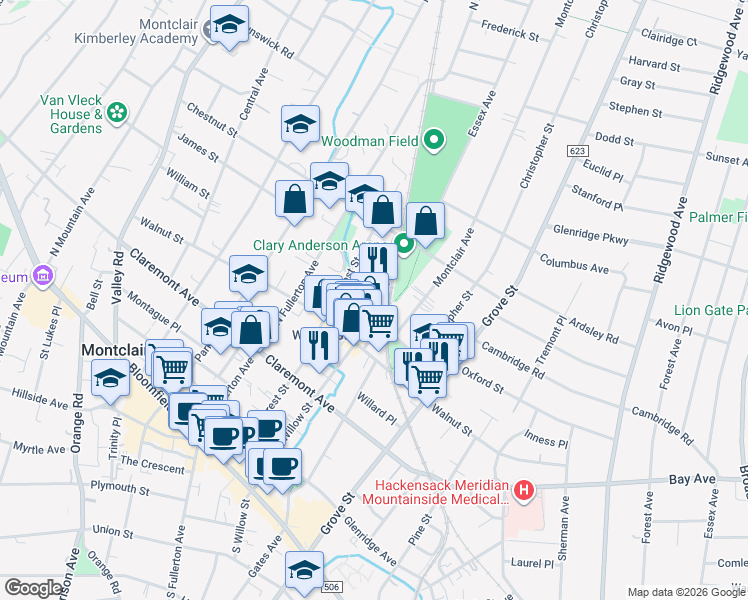 map of restaurants, bars, coffee shops, grocery stores, and more near in Montclair