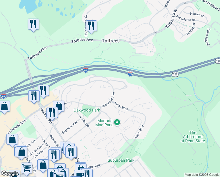 map of restaurants, bars, coffee shops, grocery stores, and more near 531 Oakwood Avenue in State College