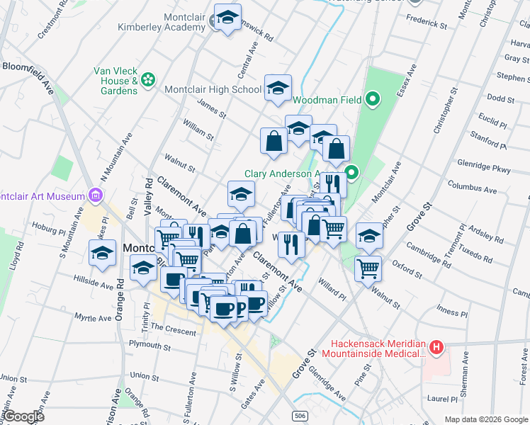 map of restaurants, bars, coffee shops, grocery stores, and more near 85 North Fullerton Avenue in Montclair