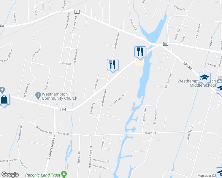 map of restaurants, bars, coffee shops, grocery stores, and more near 83 Montauk Hwy in Westhampton
