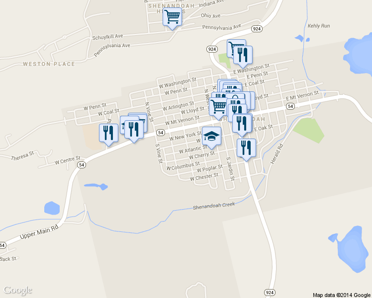 map of restaurants, bars, coffee shops, grocery stores, and more near 116 South Gilbert Street in Shenandoah