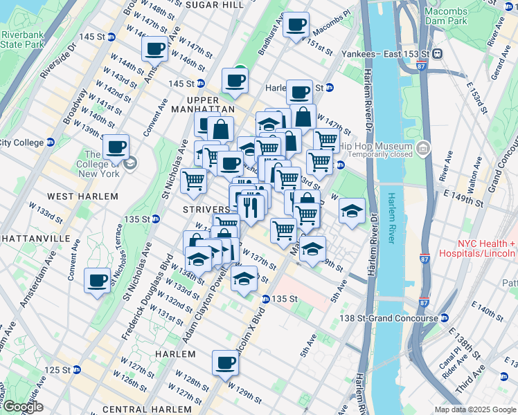 map of restaurants, bars, coffee shops, grocery stores, and more near 7th Ave & W 140th St in New York