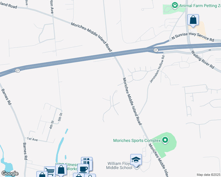 map of restaurants, bars, coffee shops, grocery stores, and more near 1 Meadowoods Lane in Moriches