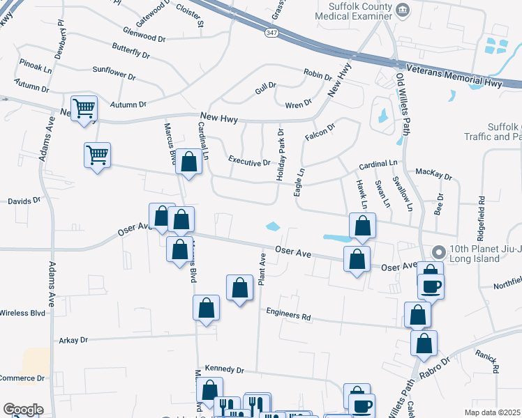 map of restaurants, bars, coffee shops, grocery stores, and more near 32 Holiday Park Drive in Hauppauge