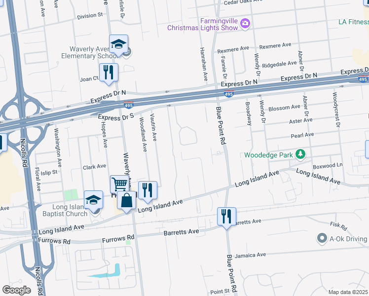 map of restaurants, bars, coffee shops, grocery stores, and more near 18 Timber Ridge Drive in Holtsville