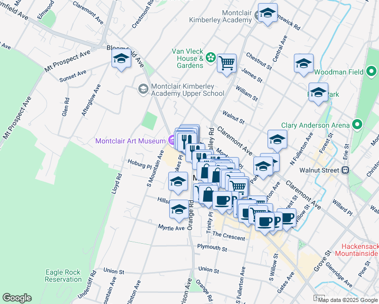 map of restaurants, bars, coffee shops, grocery stores, and more near 701 Bloomfield Avenue in Montclair
