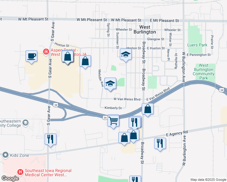 map of restaurants, bars, coffee shops, grocery stores, and more near 408 West Van Weiss Boulevard in West Burlington