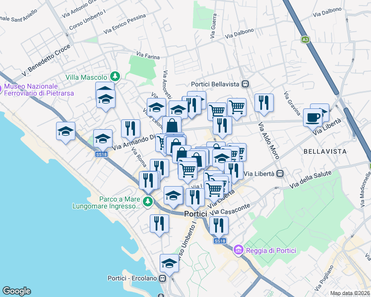 map of restaurants, bars, coffee shops, grocery stores, and more near 54 Via Guglielmo Marconi in Portici