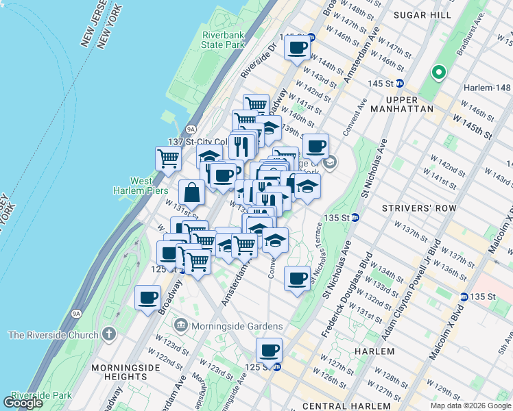 map of restaurants, bars, coffee shops, grocery stores, and more near 529 West 133rd Street in New York