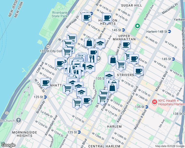 map of restaurants, bars, coffee shops, grocery stores, and more near 433 West 135th Street in New York