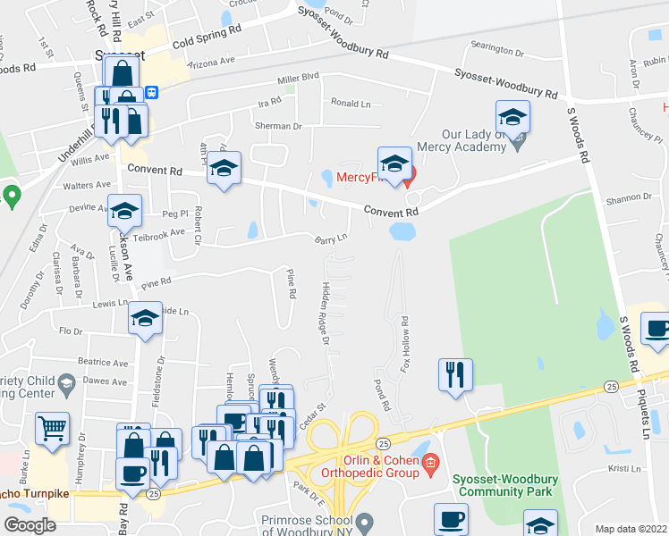 map of restaurants, bars, coffee shops, grocery stores, and more near 157 Hidden Ridge Drive in Syosset