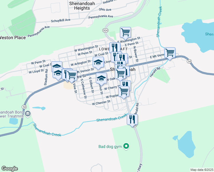 map of restaurants, bars, coffee shops, grocery stores, and more near 207 West Cherry Street in Shenandoah
