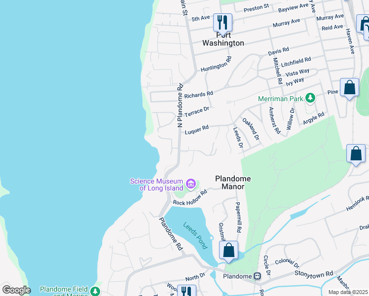 map of restaurants, bars, coffee shops, grocery stores, and more near 18 Elm Sea Lane in Manhasset